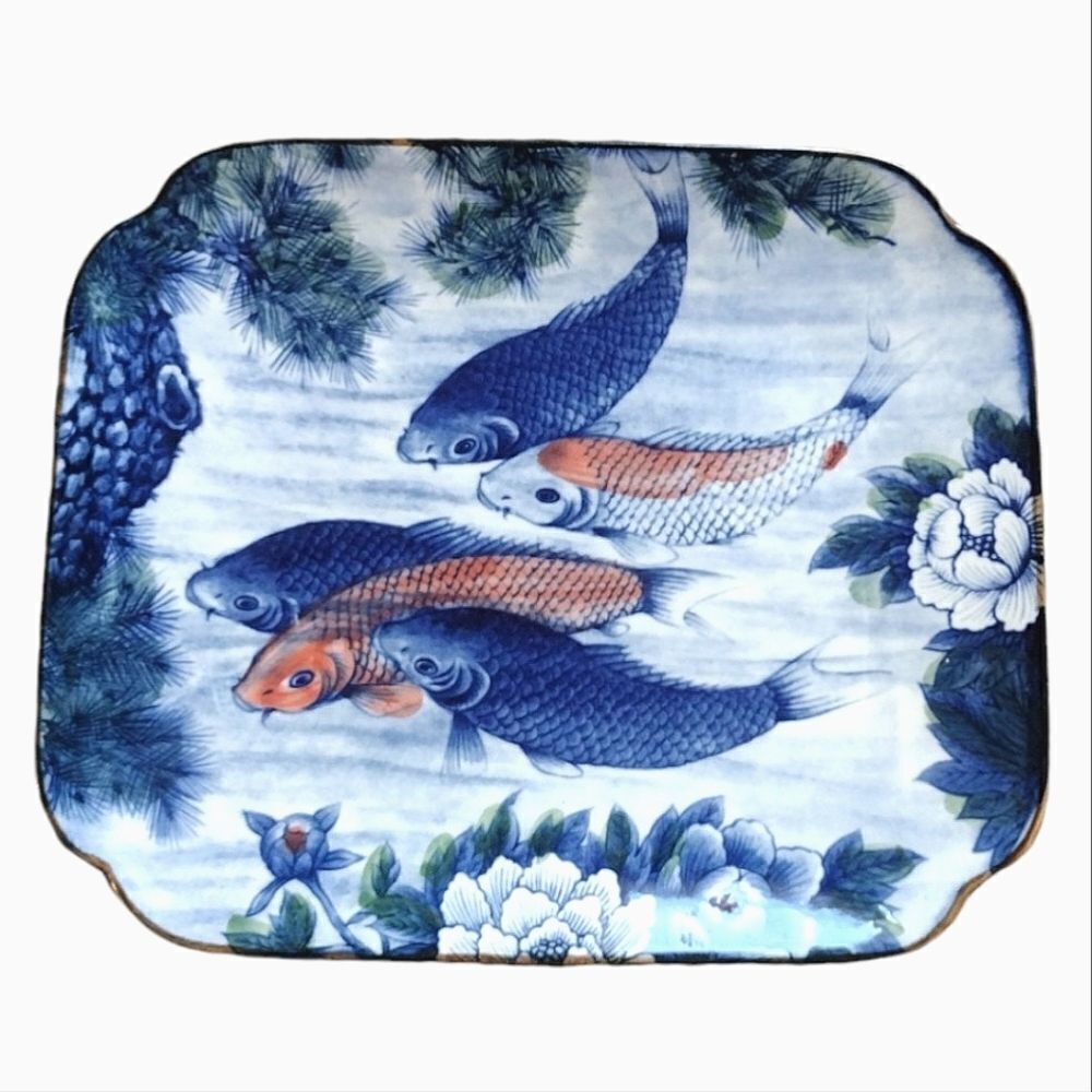 Sun Ceramics Koi Fish Rectangular Blue White Serving Plate Dish Japanese Art